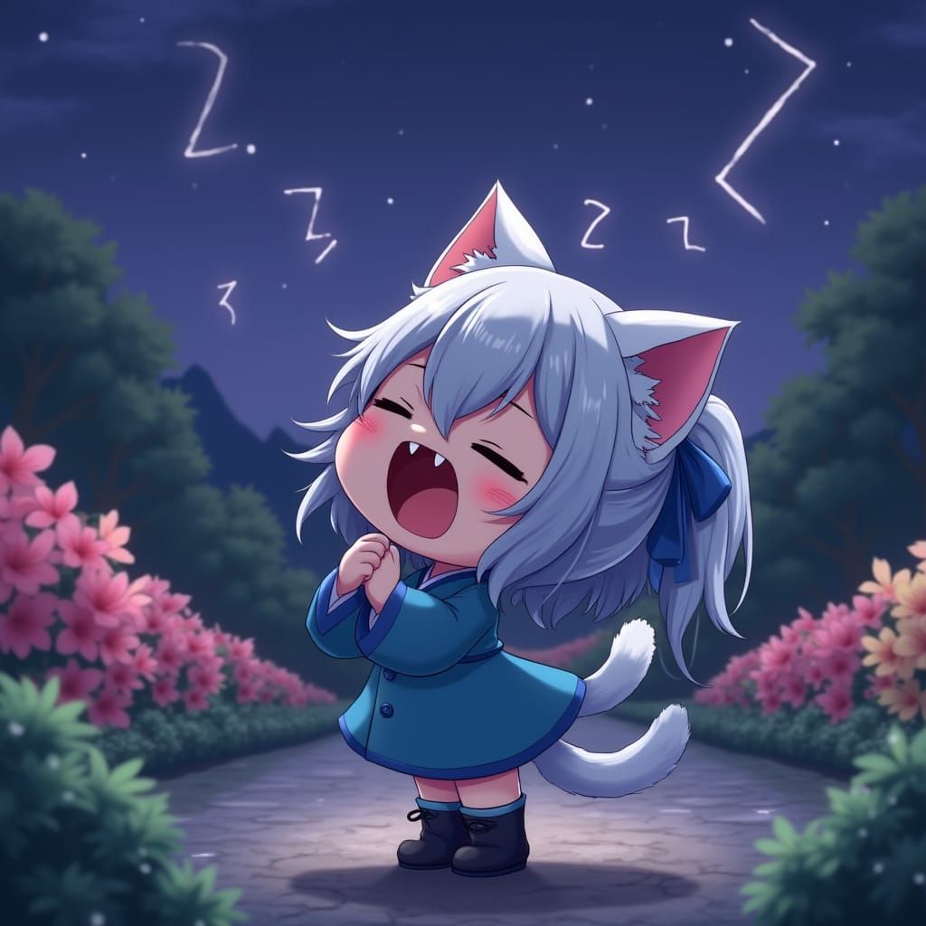 Chibi Catgirl in a Zen Garden at Night