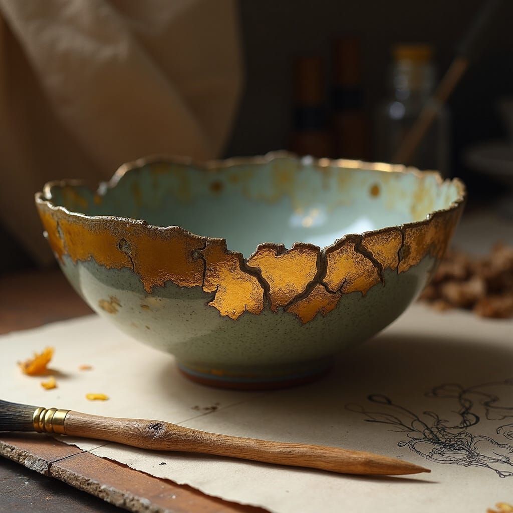 Kintsugi Bowl in Romantic Style with Golden Repair