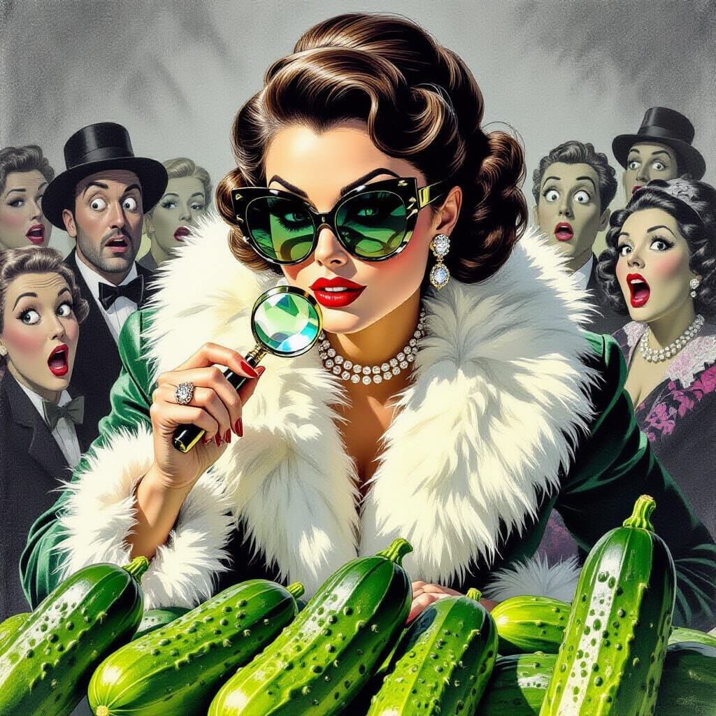 Glamorous Woman Inspects Cucumbers Amidst Shocked Vegetables