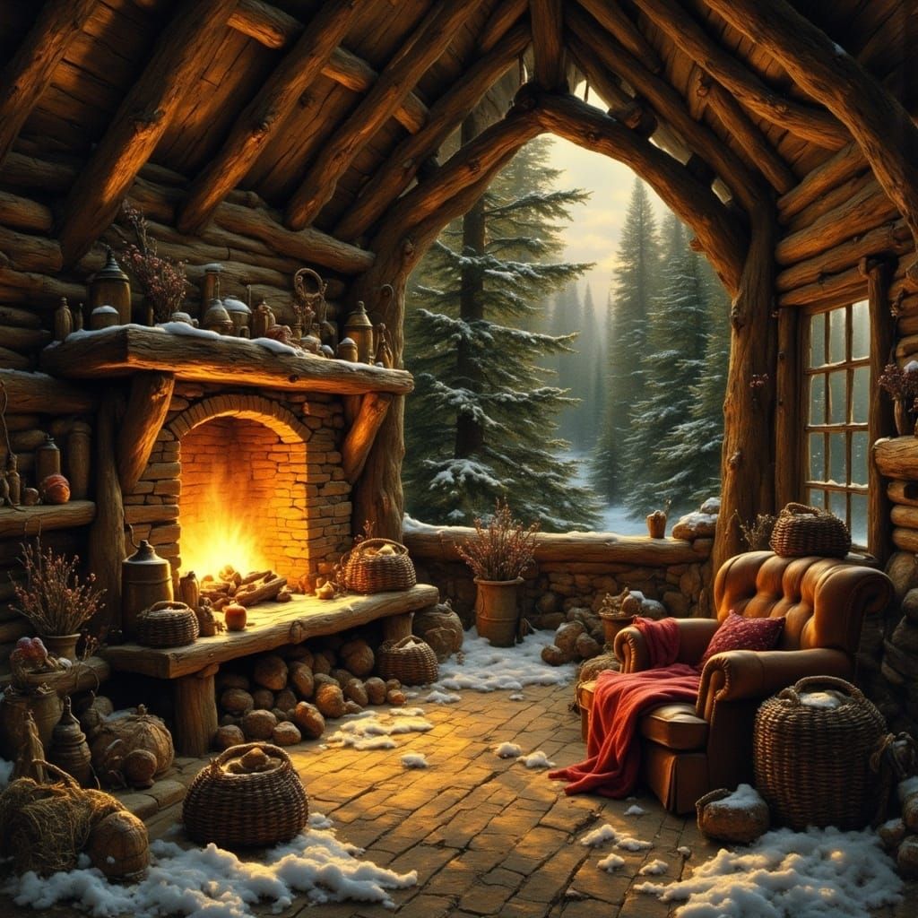 Cozy Cabin Fireplace Scene in Fantasy Illustration Style