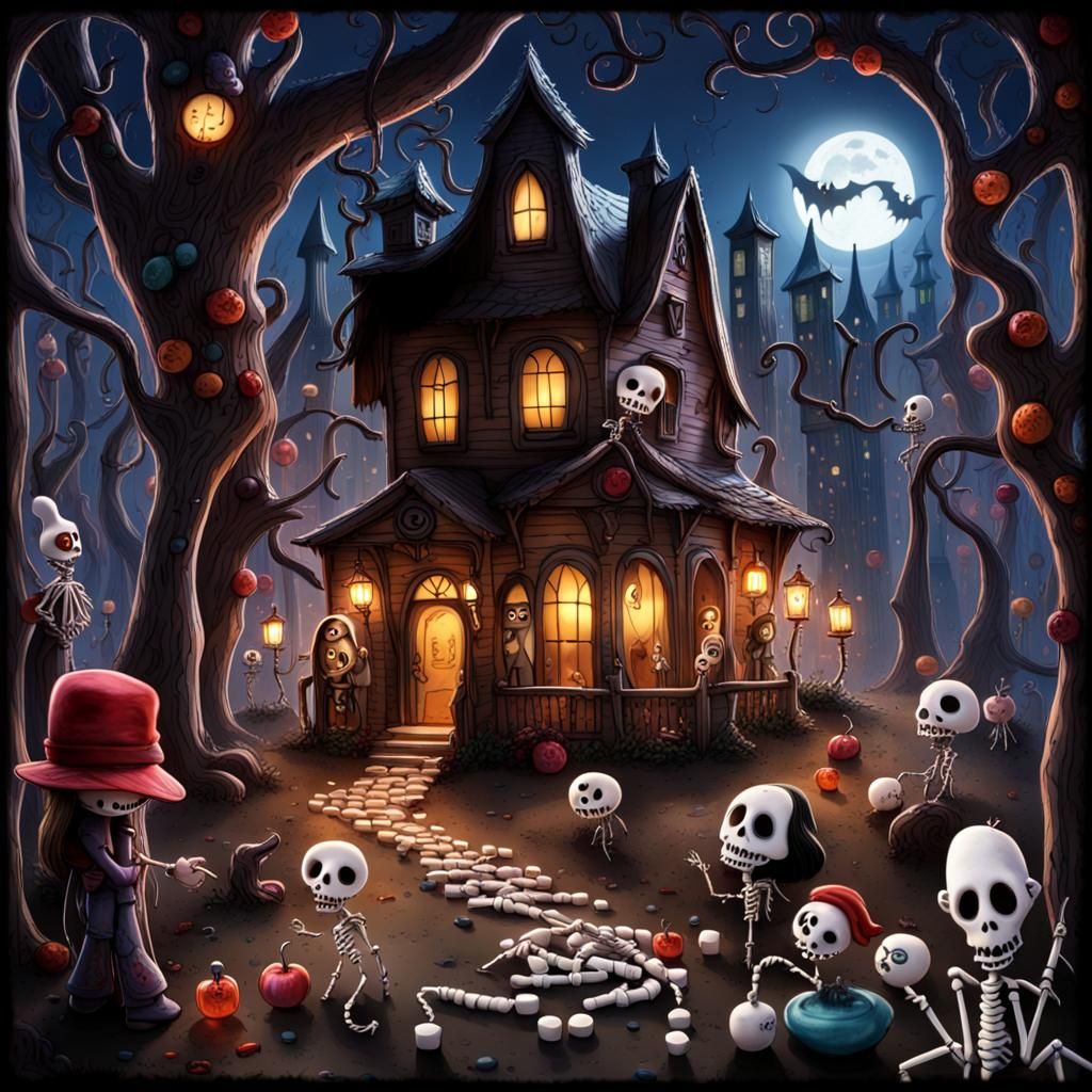 16k resolution, art by Tim Burton, Henry Selick, Laika Studios, stop-motion candy wonderland, twisted candy cane skeleto...