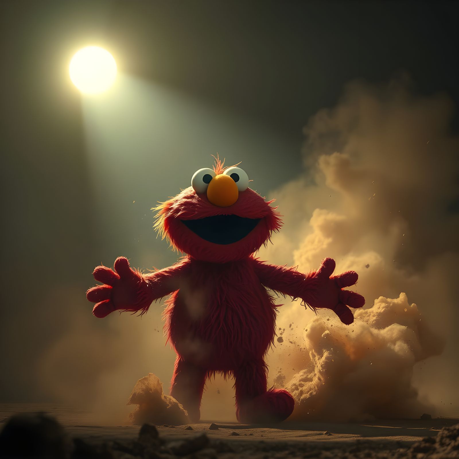 Giant Elmo Emerges from Dust Cloud Spotlighted by Sun