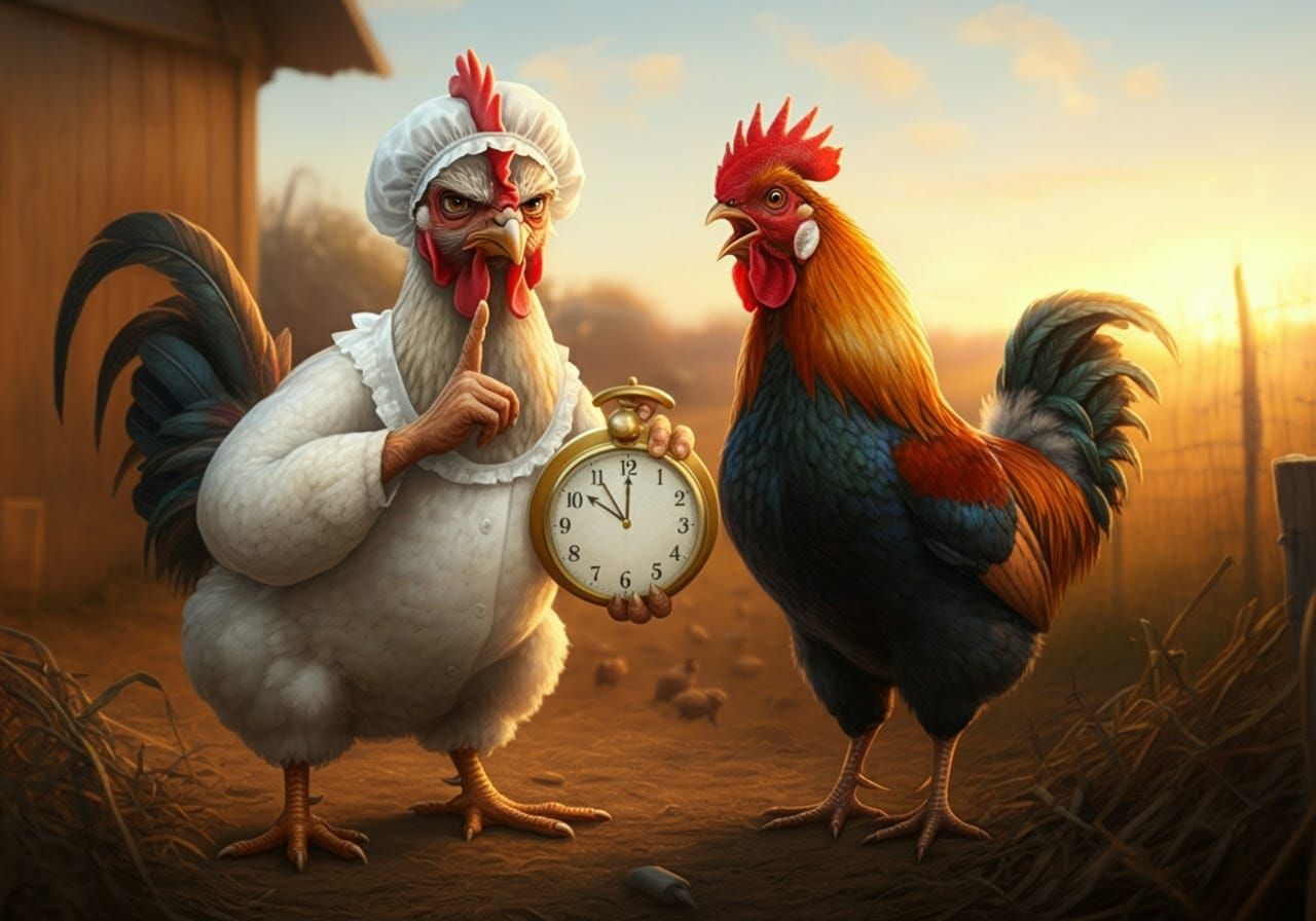 Grumpy Chicken Shushing Cockerel at Sunrise