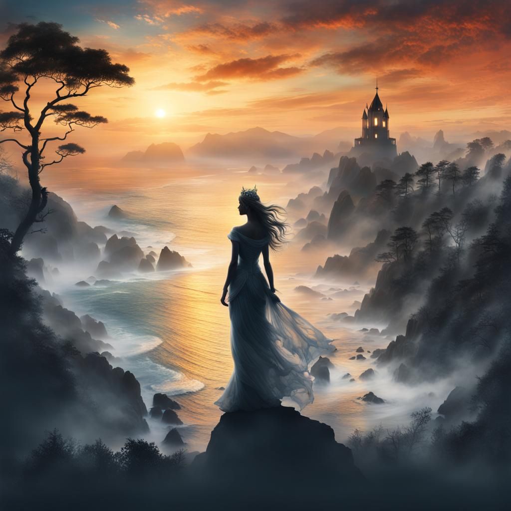 Goddess Silhouette Double Exposure with Sunset Coast