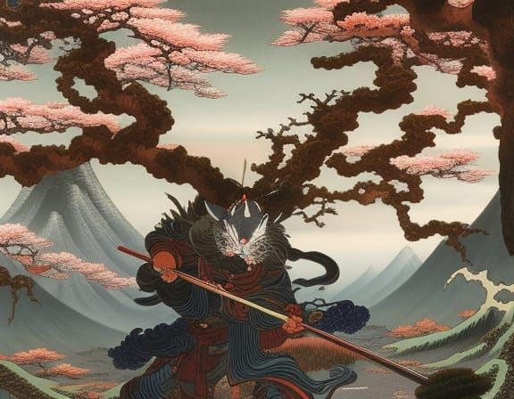 Oni in Wild Mountain Range: Hyperrealistic Ukiyo-e Painting