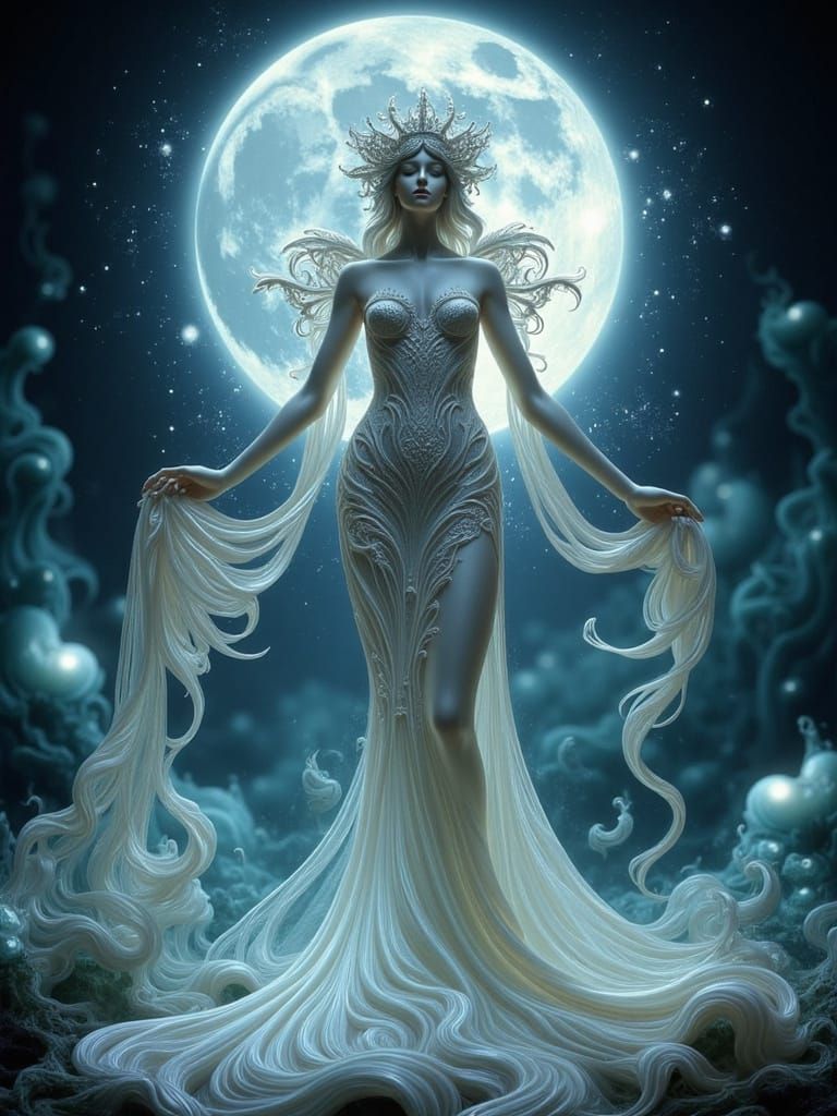 Art Nouveau Queen Statue in Bioluminescent Forest