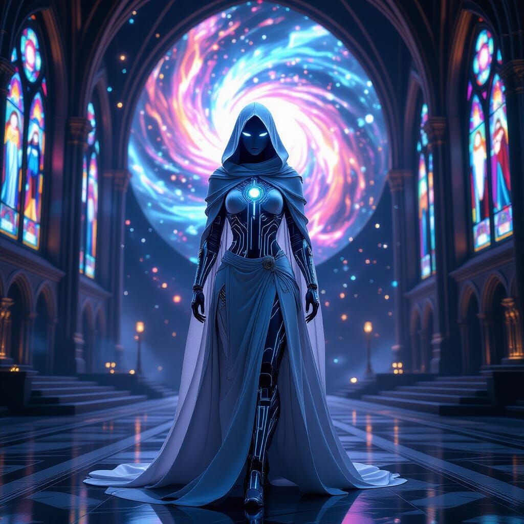 Ethereal Cyborg Goddess in Ancient Cathedral