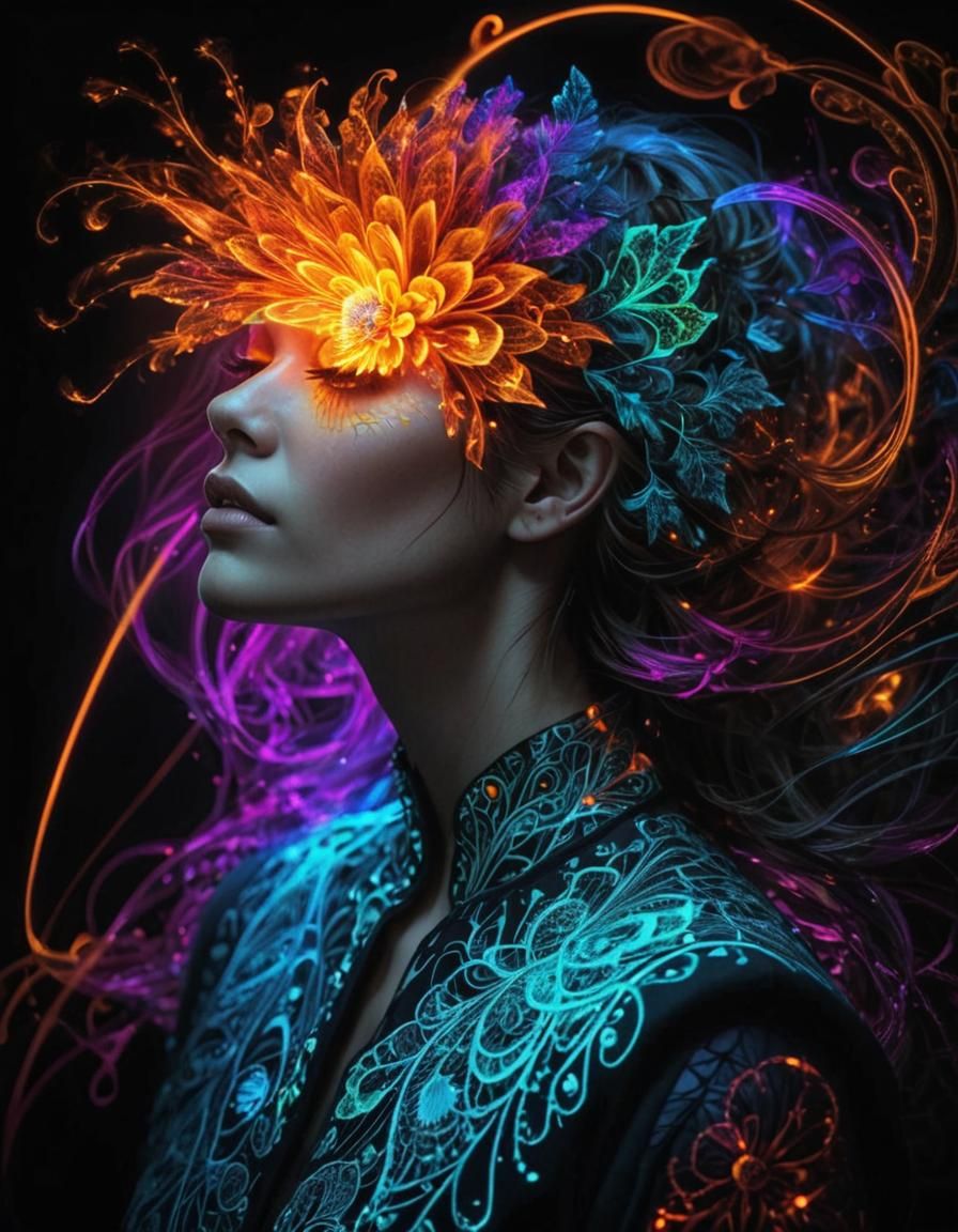 Fiery Fractal Woman Portrait in Hyperrealistic Style