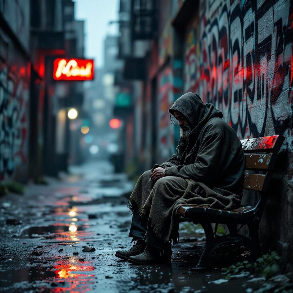 Grizzled Homeless Man in Rainy Urban Alleyway