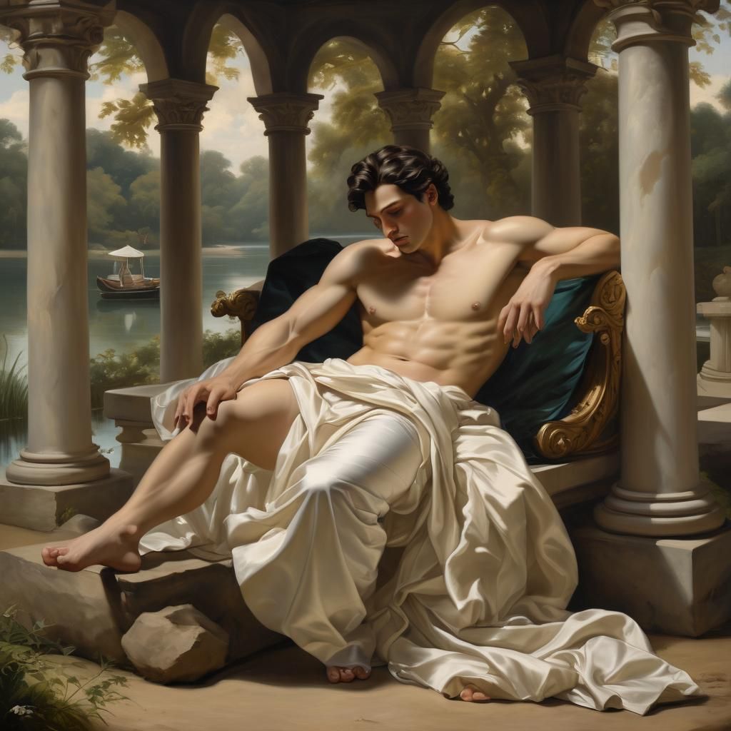 Baroque Oil Painting of Sleeping Man in Gazebo