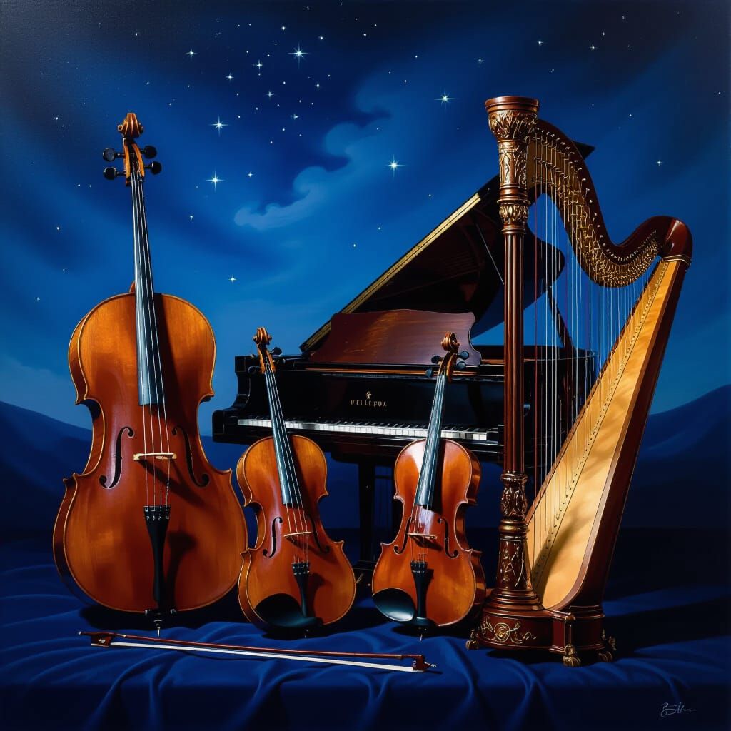 Vintage Musical Instruments Under a Starry Night Sky