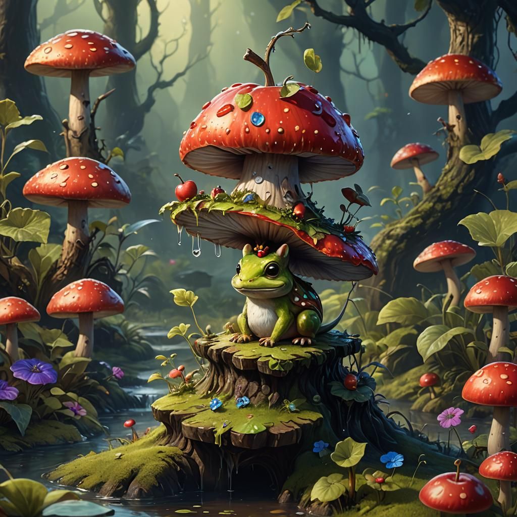 Whimsical Apple Creature on Toadstool, Fantasy Art