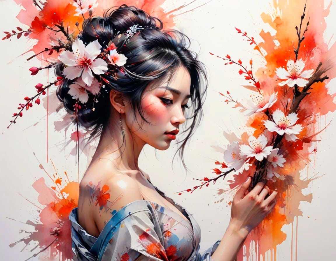 Geisha Silhouette Under Blossom Tree in Watercolor