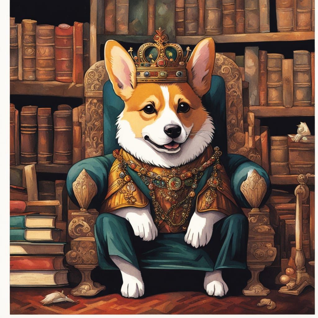 Regal Corgi King in Cozy Library Storybook Style