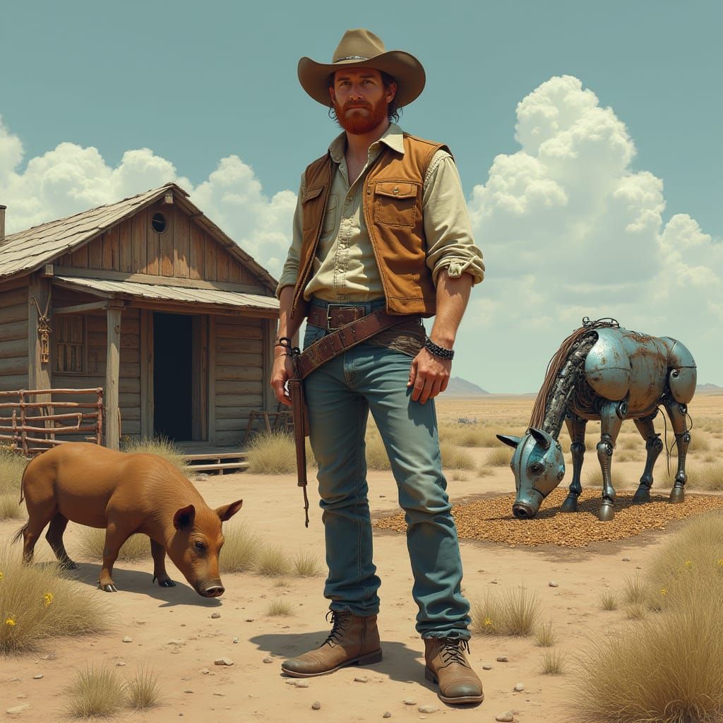 Cyberpunk Cowboy in Badlands with Robot and Cyber-Horse
