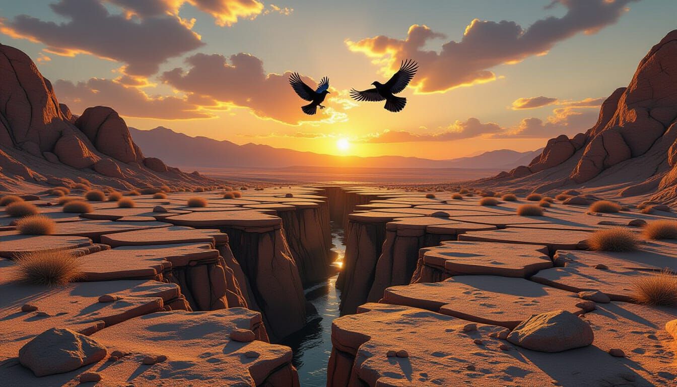 Nanite Crows Emerge from Desert Fissure at Sunset