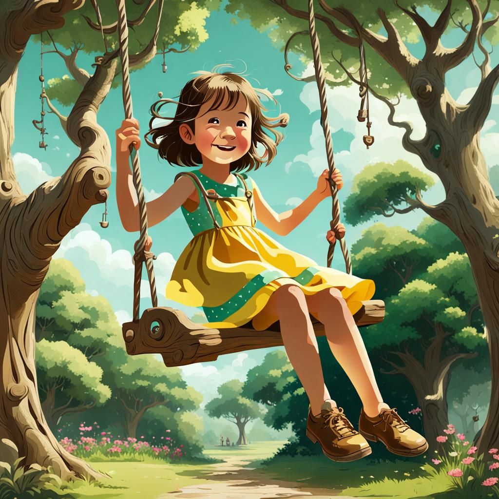 Rosy-Cheeked Child Sways in Whimsical Wooden Swing