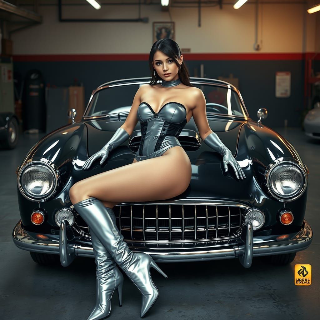 Surrealistic Woman in a Garage with Classic Car in a Fantasy...