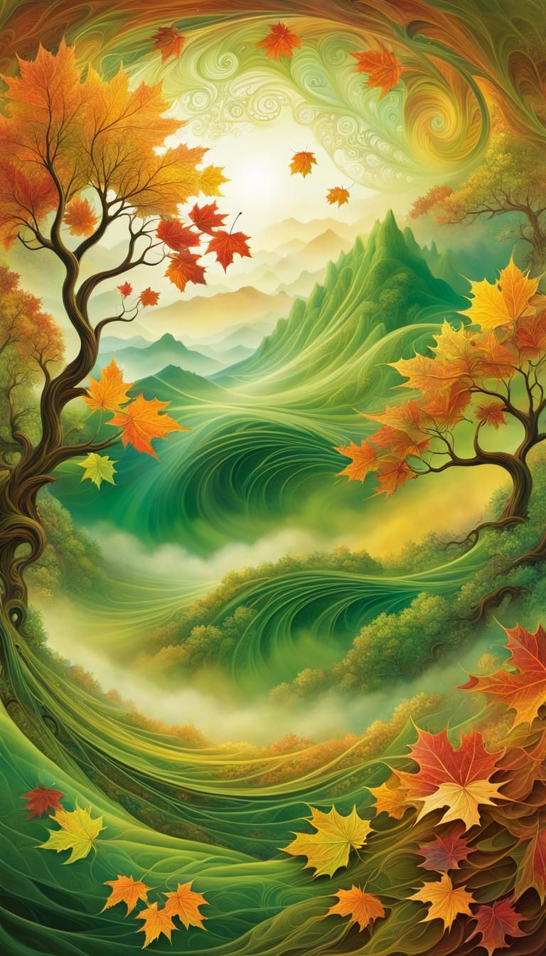 Wind Swirls Autumn Leaves in Green Valley