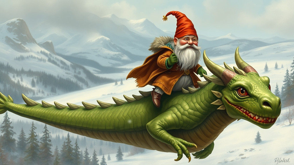 Gnome Rides Dragon Across Snowy Landscape