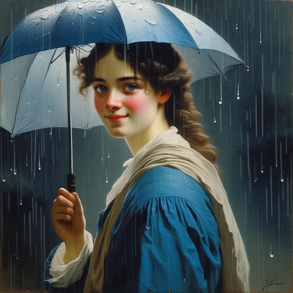 Woman in Rain: Neoclassical Portrait with Umbrella