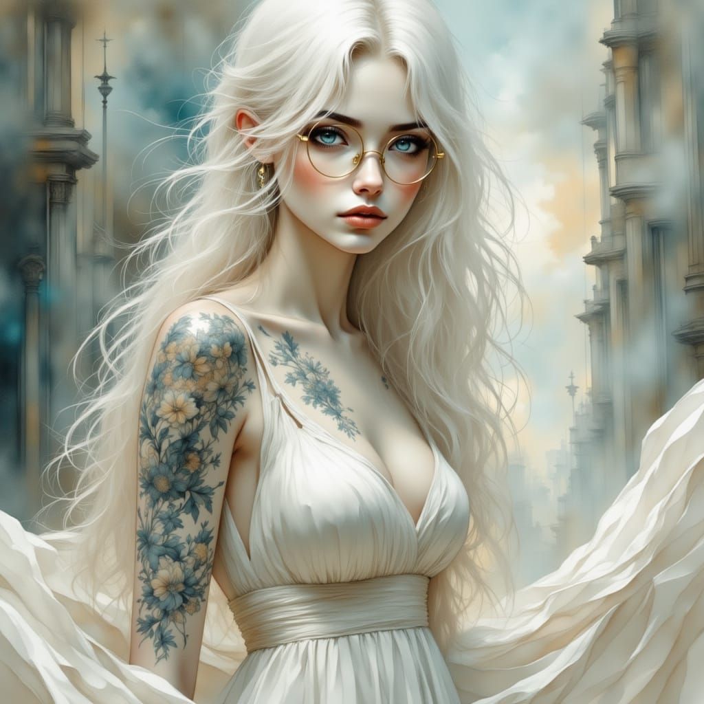 Surreal Portrait of an Enigmatic Albino Woman in Flowing Whi...