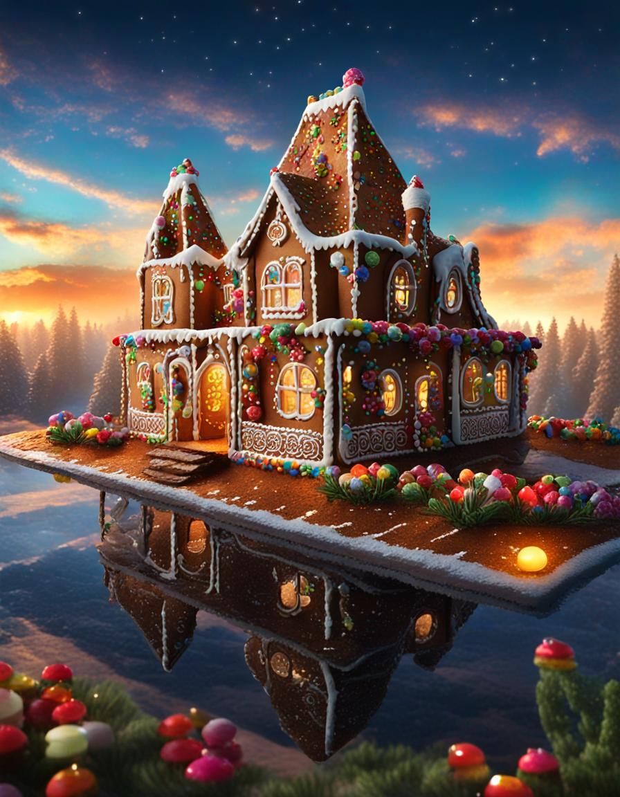 Hyperrealistic Gingerbread House in a Candy Garden