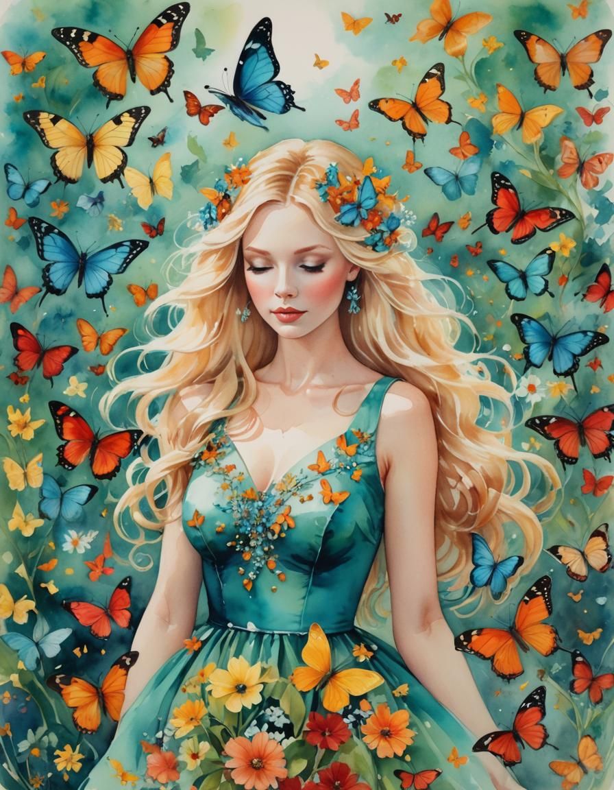 Painting of woman surrounded by butterflies