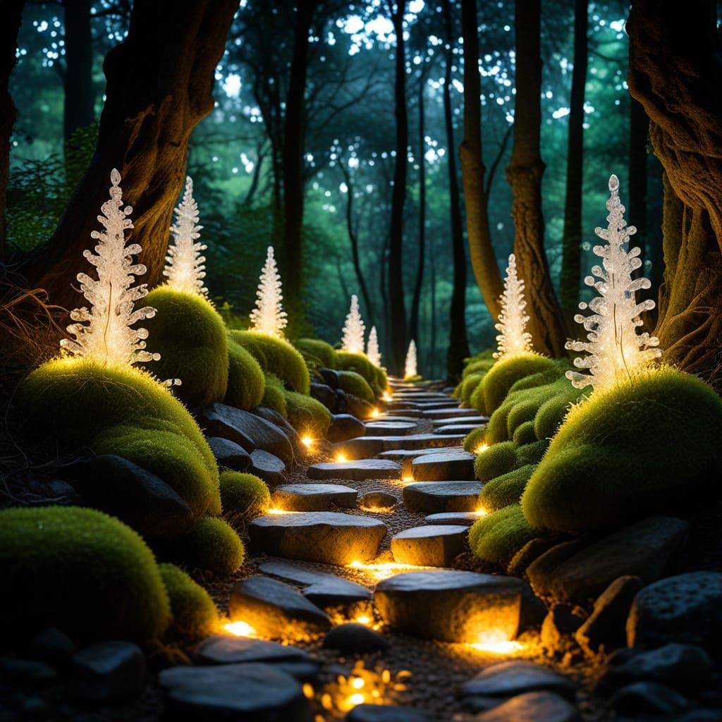 Glowing Moss Pathway Illuminated by Crystals