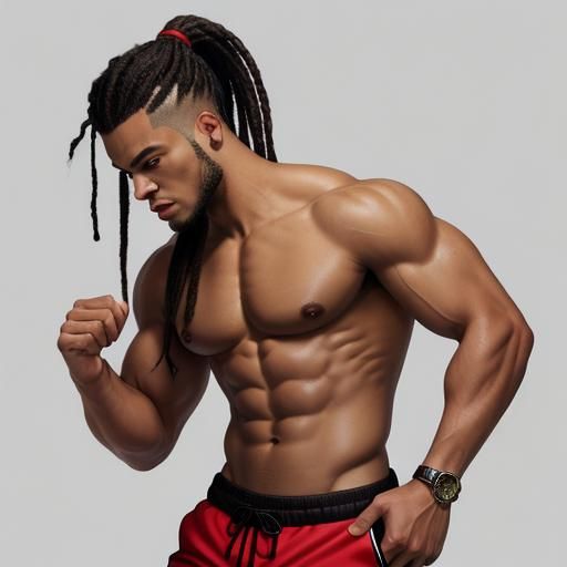 Young muscular mulatto man, hair in a ponytail, wearing red ...