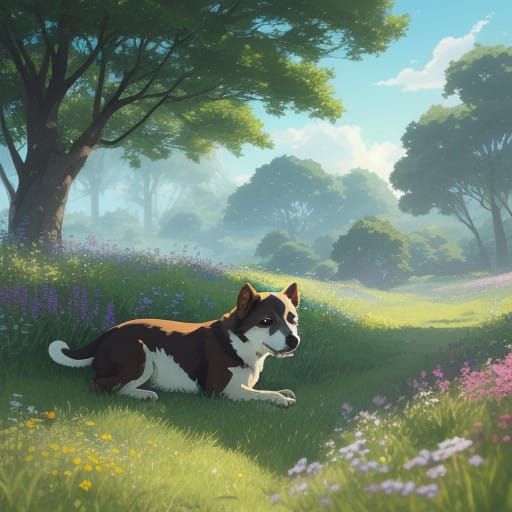 Whimsical Puppy in Vibrant Meadow Landscape