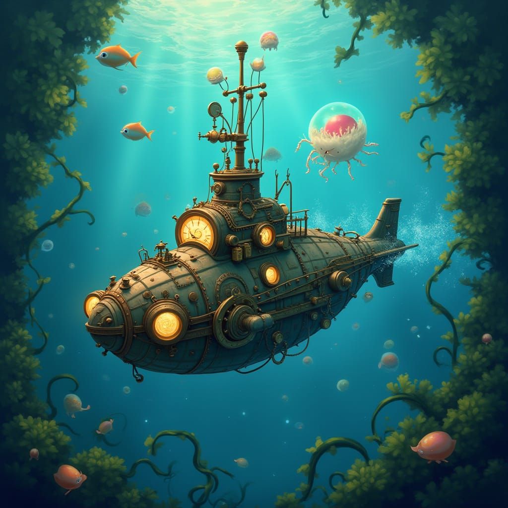 Steampunk Submarine Glides Through Kelp Forest