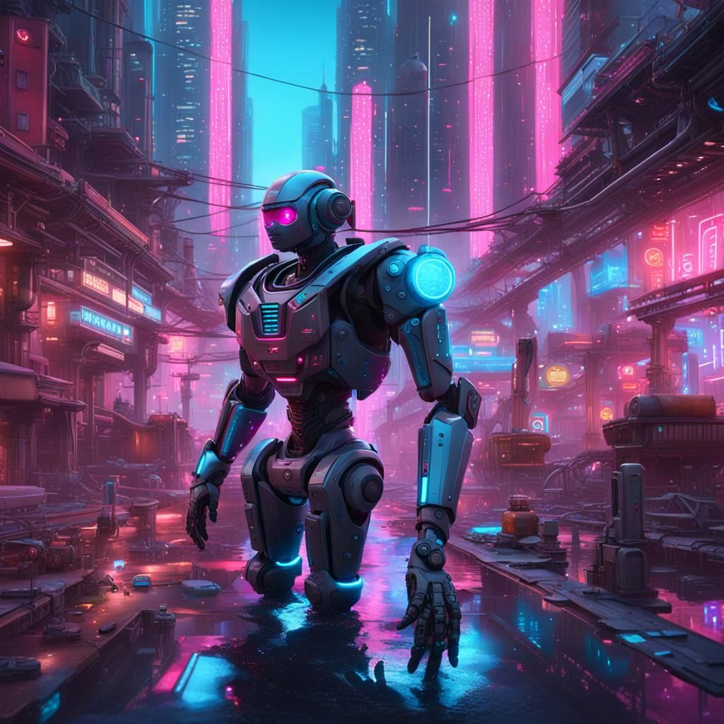 Realistic Human Robot in Neon Futuristic City