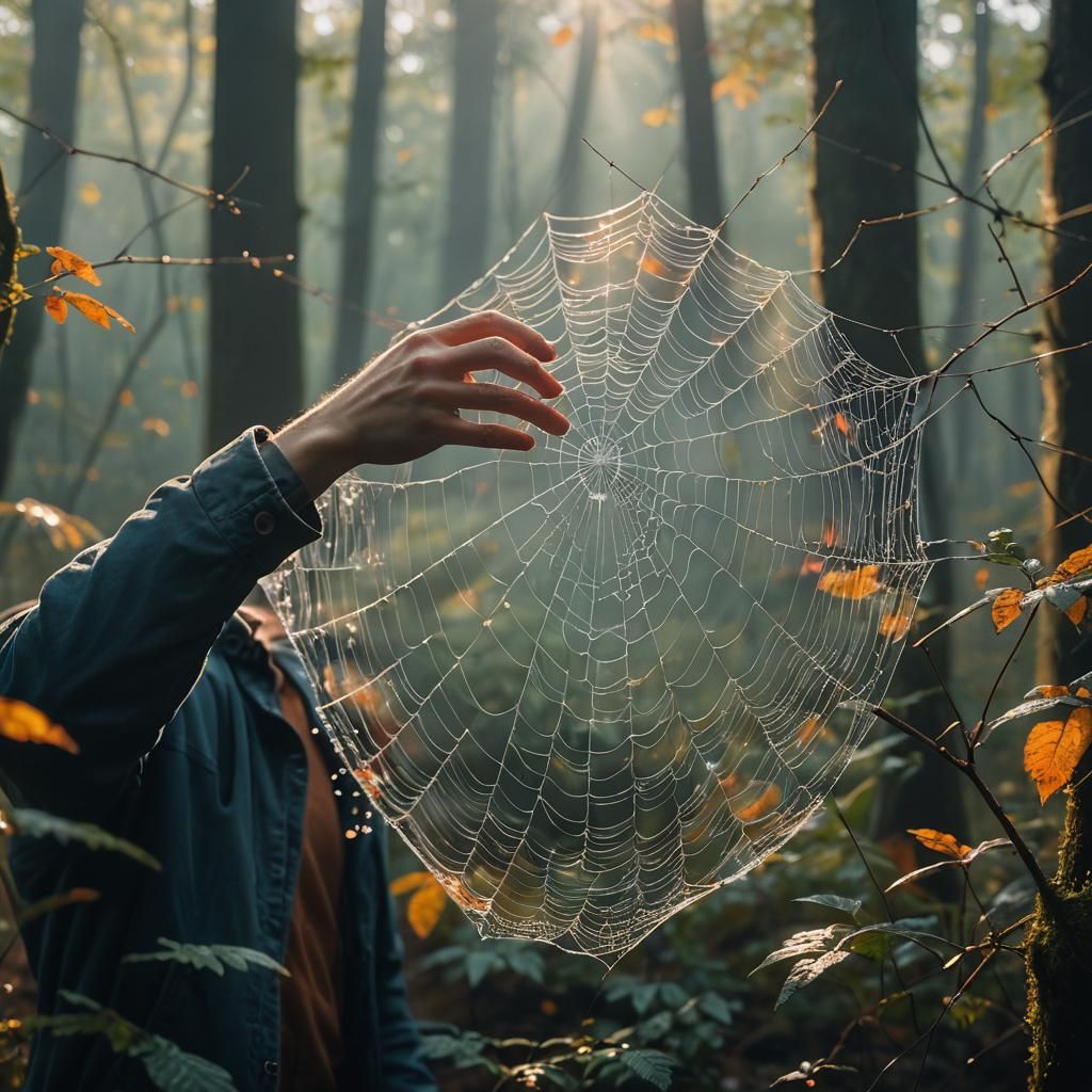 Collecting Spiderwebs in Misty Forest: Cinematic Film Still