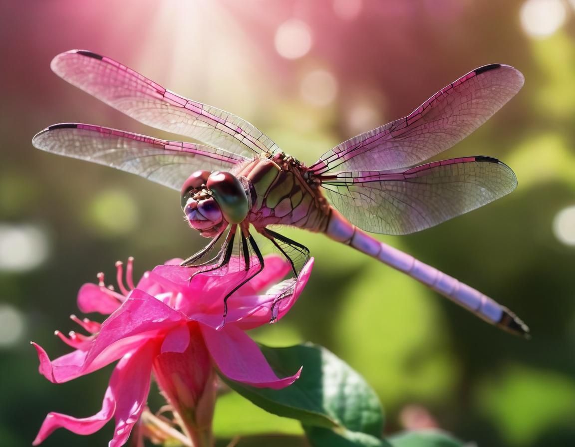 Dragonfly on Pink Fuschia Flower in Sunlight