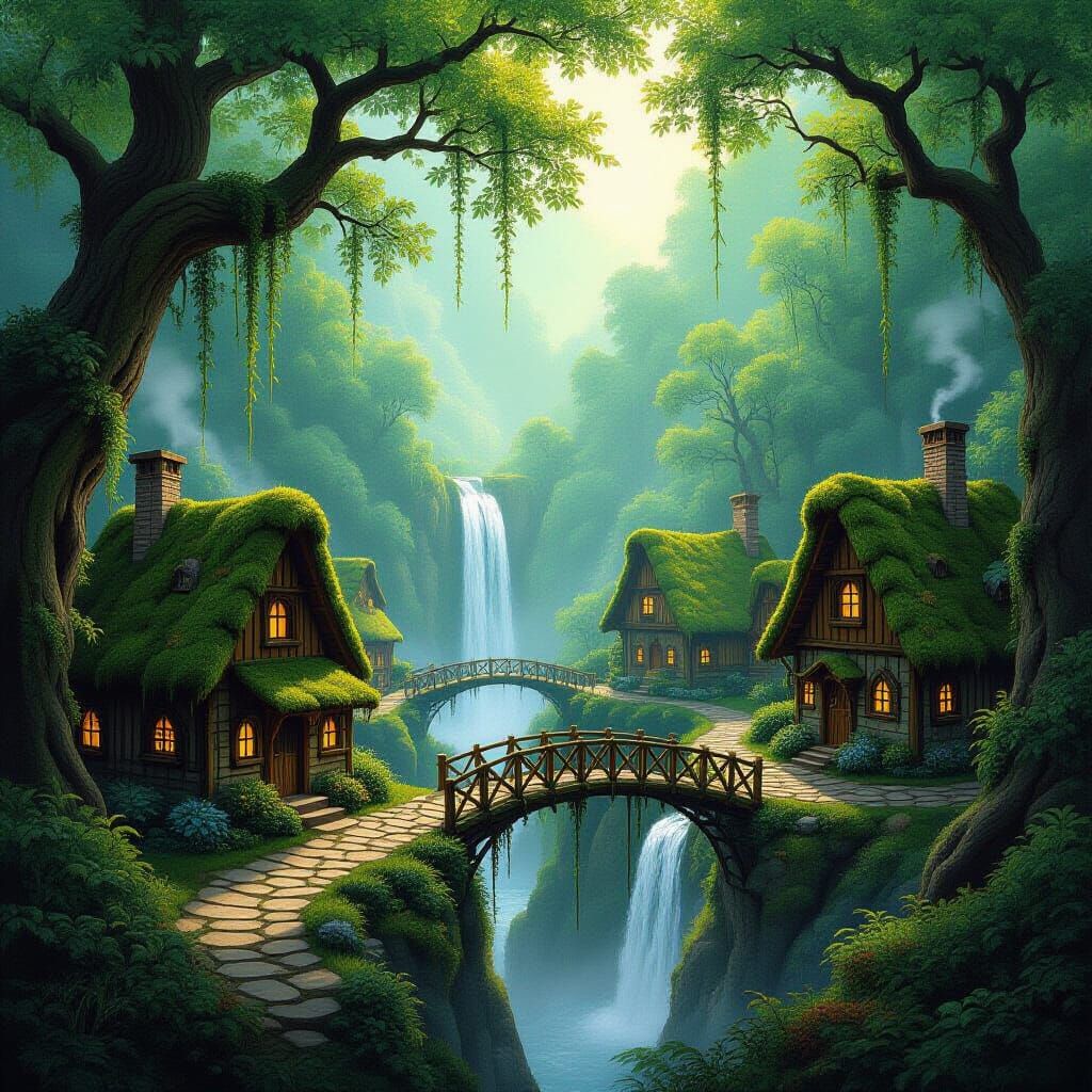 Hidden Village Under Forest Canopy, Fantasy Art