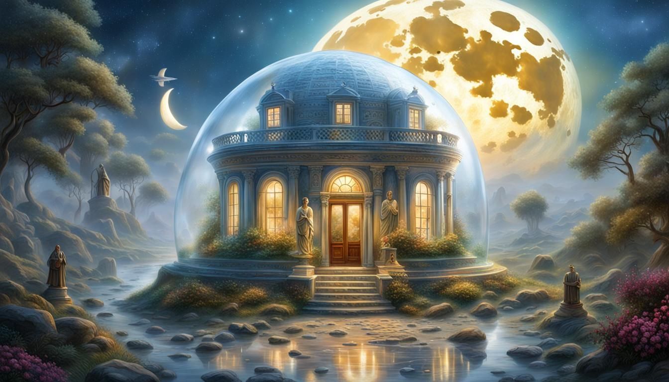 House in Glass Dome on Moon with Greek Statues