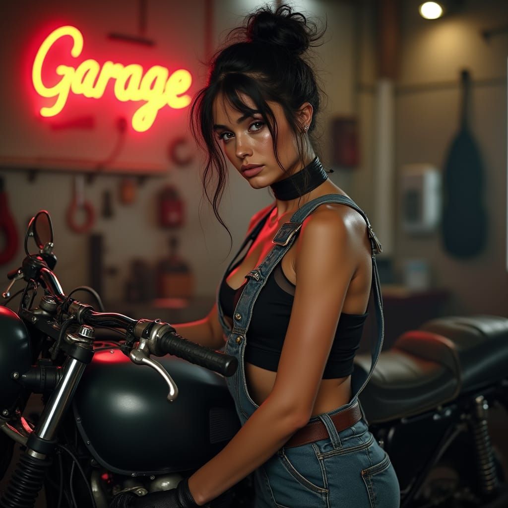 Retro 80s Mechanic Woman Fixing Motorcycle