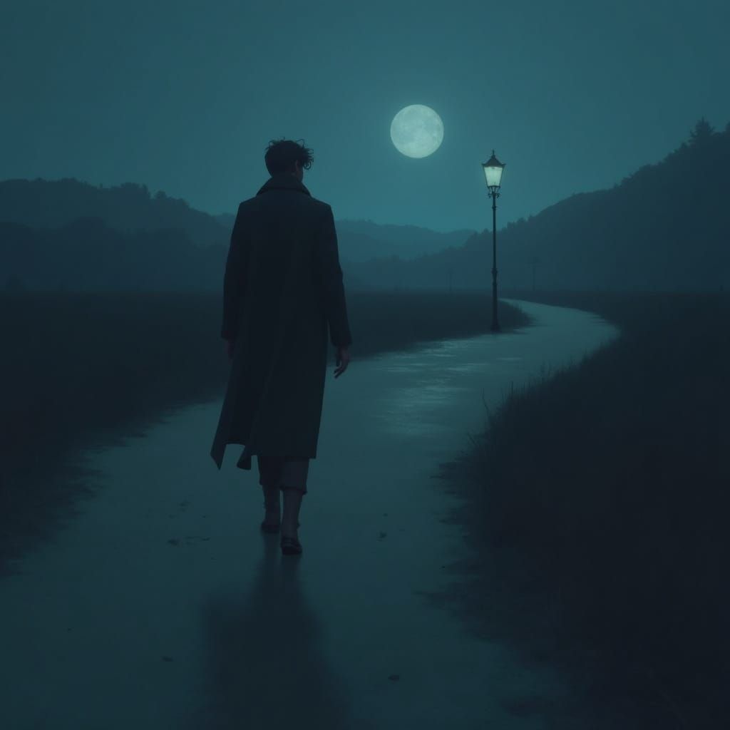 Lost Traveler in Moonlit Landscape