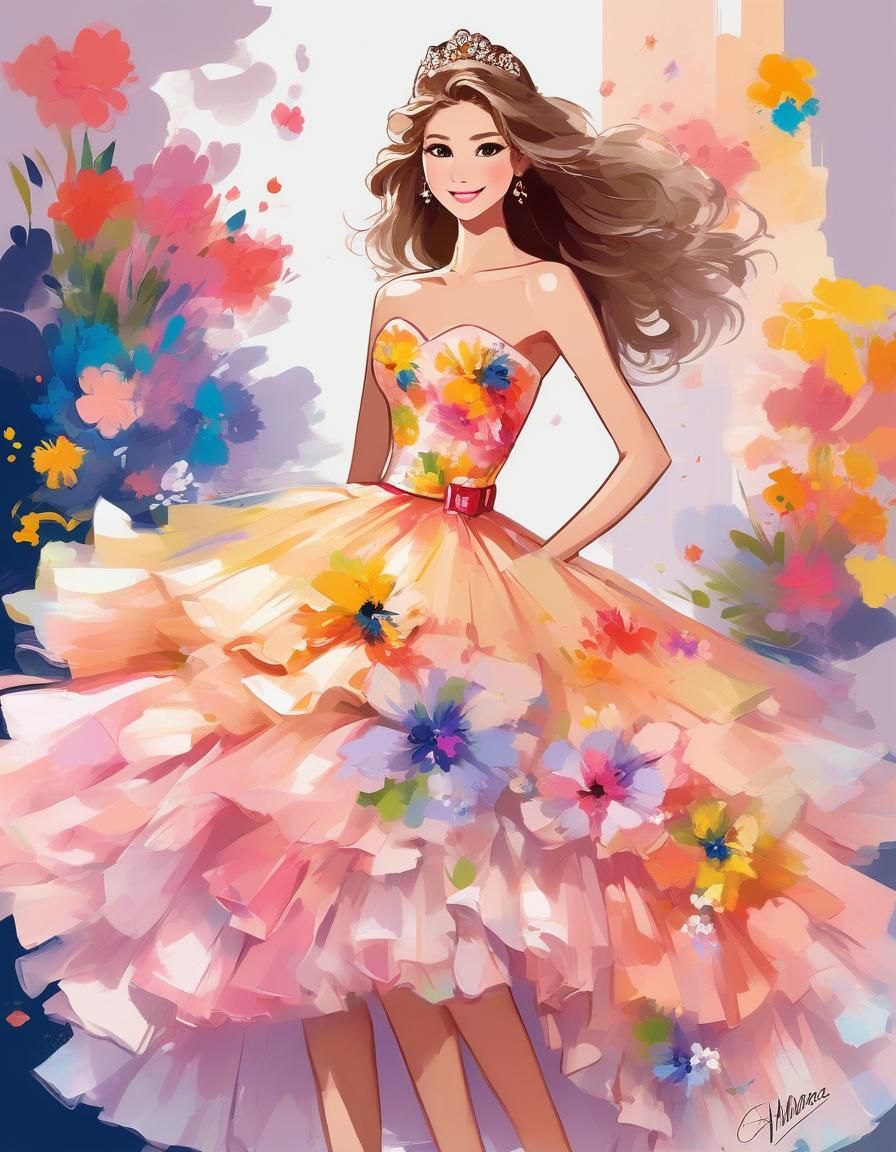 Girl in Ball Gown in Choppy Ink Style