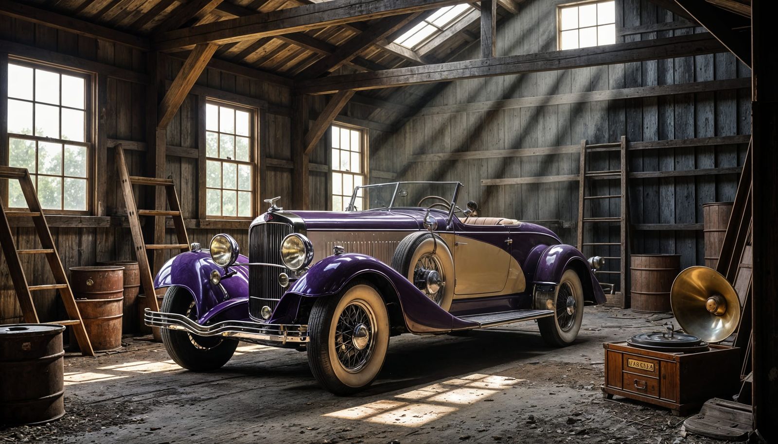 Dusty 1930s Roadster in Abandoned Barn