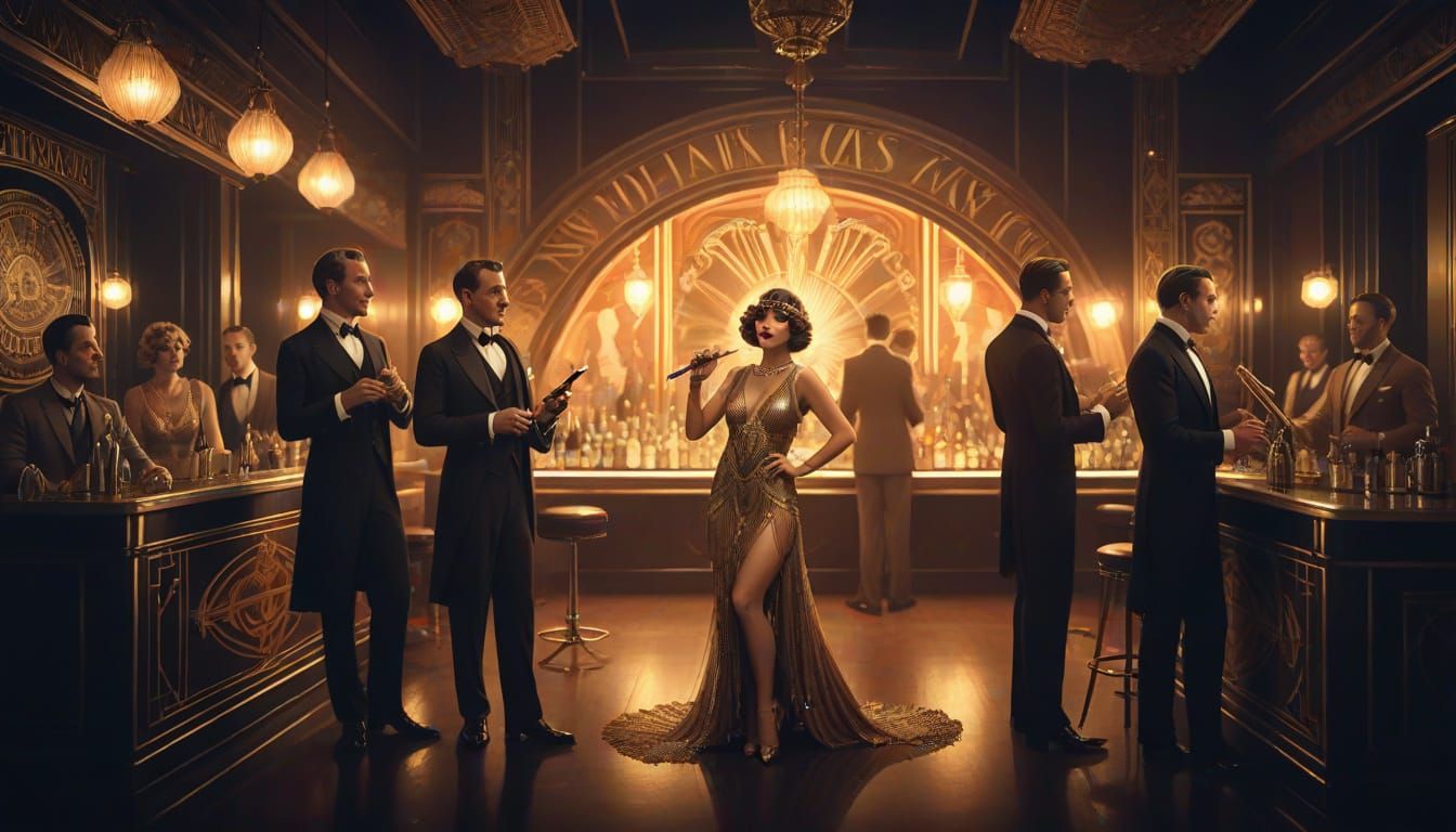 Art Deco Speakeasy Scene in Mucha Style