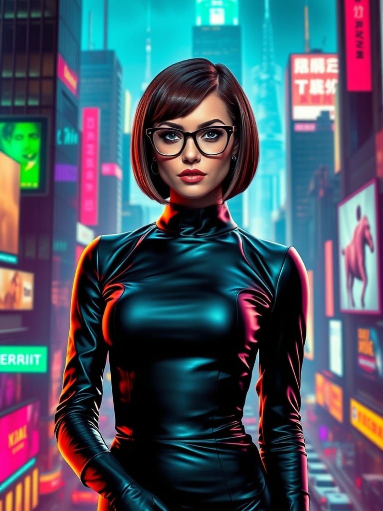 Confident Woman in Cyberpunk Cityscape