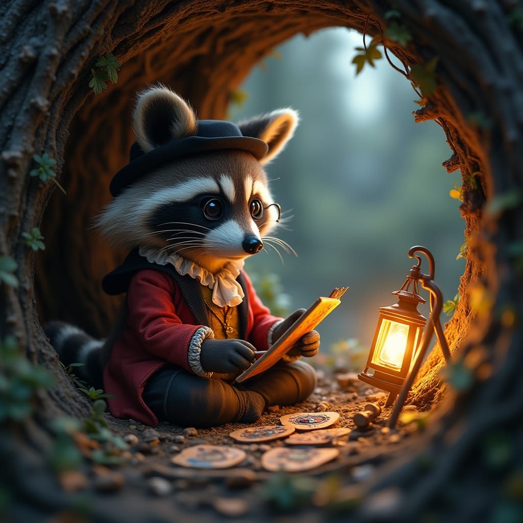 A mischievous raccoon in a miniature baroque outfit, complete with a powdered wig and tiny spectacles, meticulously craf...