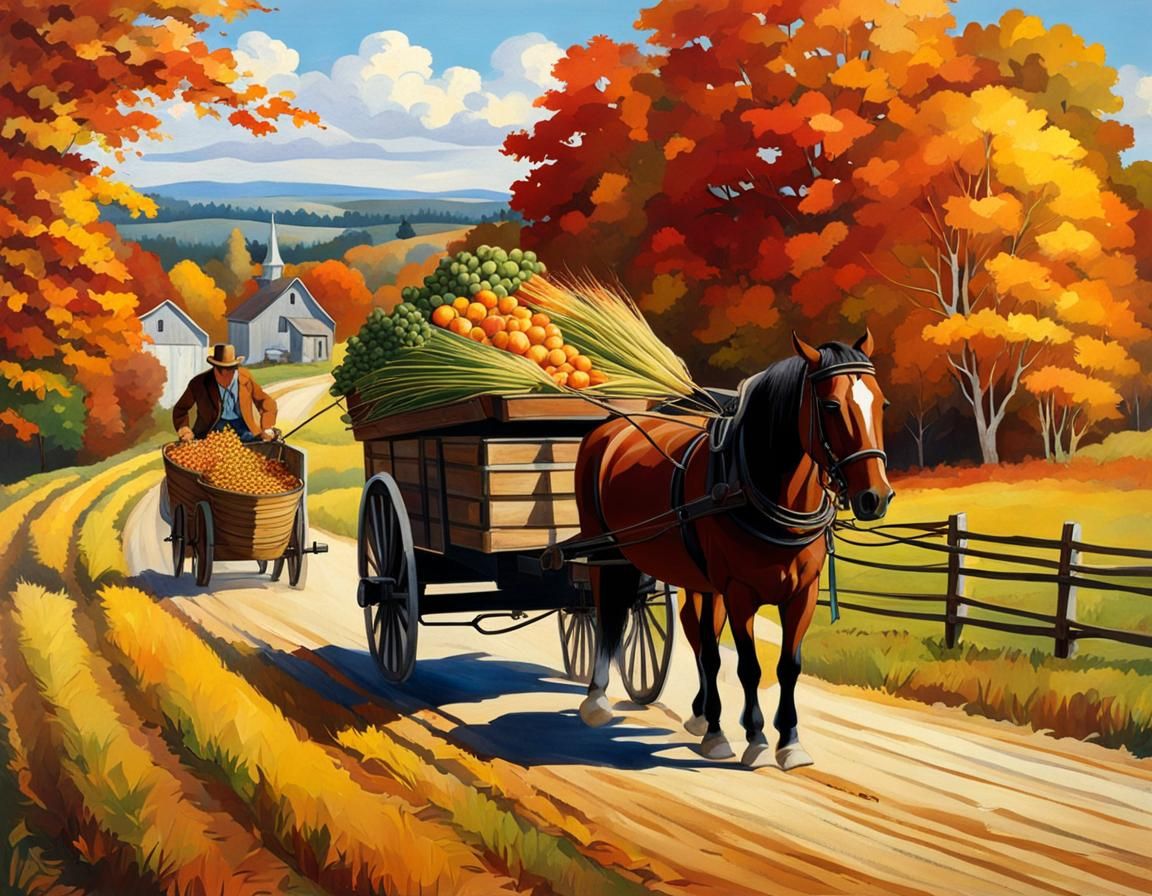 Autumn Harvest: Horse-Drawn Wagon in Rural Scene