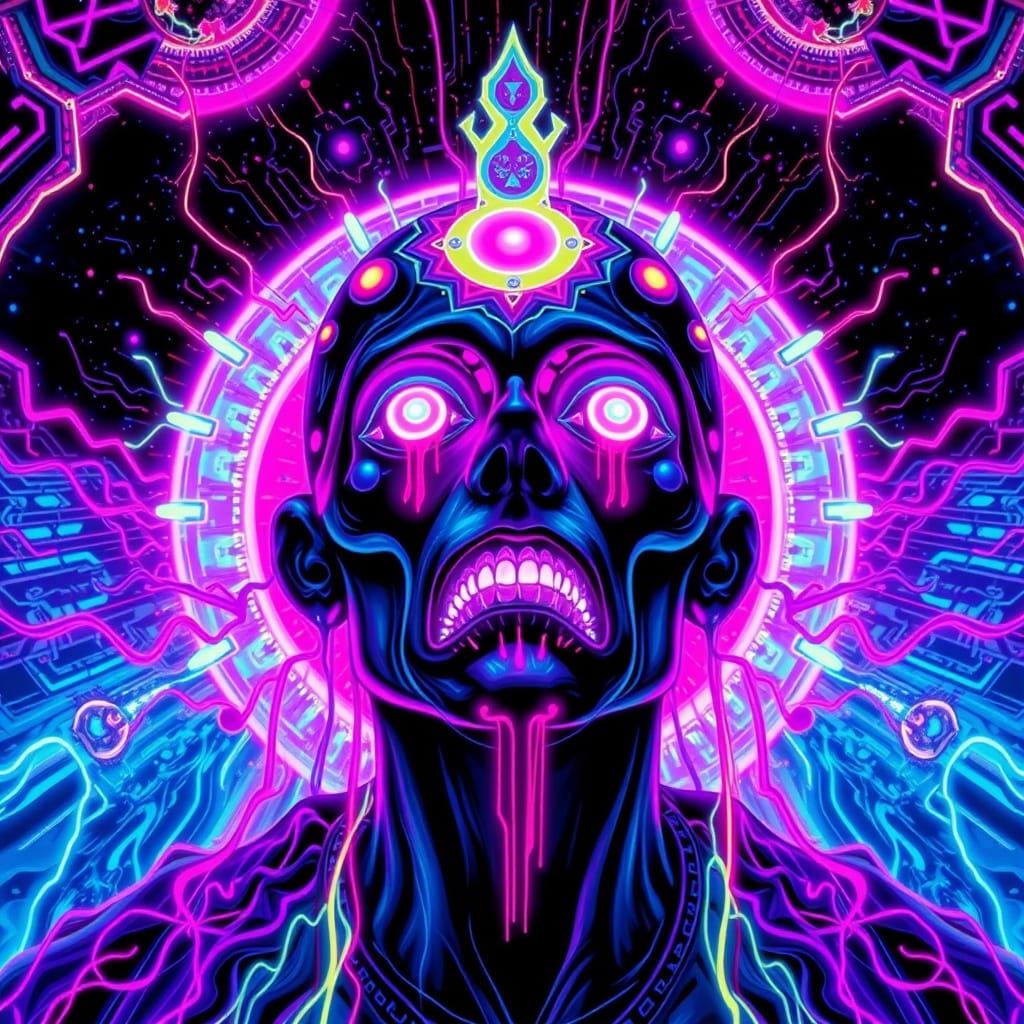 Omniscient AI Entity in Black Light Art