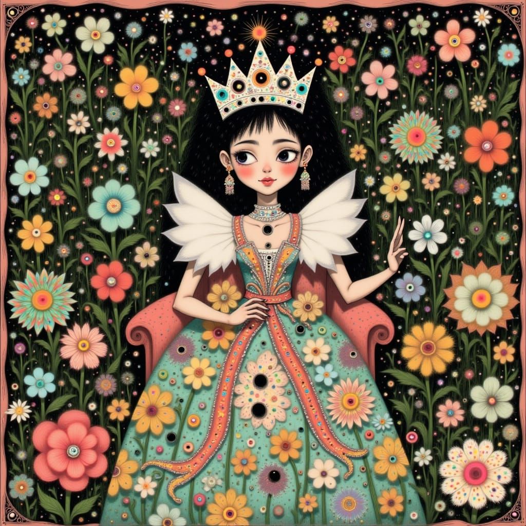Queen in Whimsical Folk-Art Style