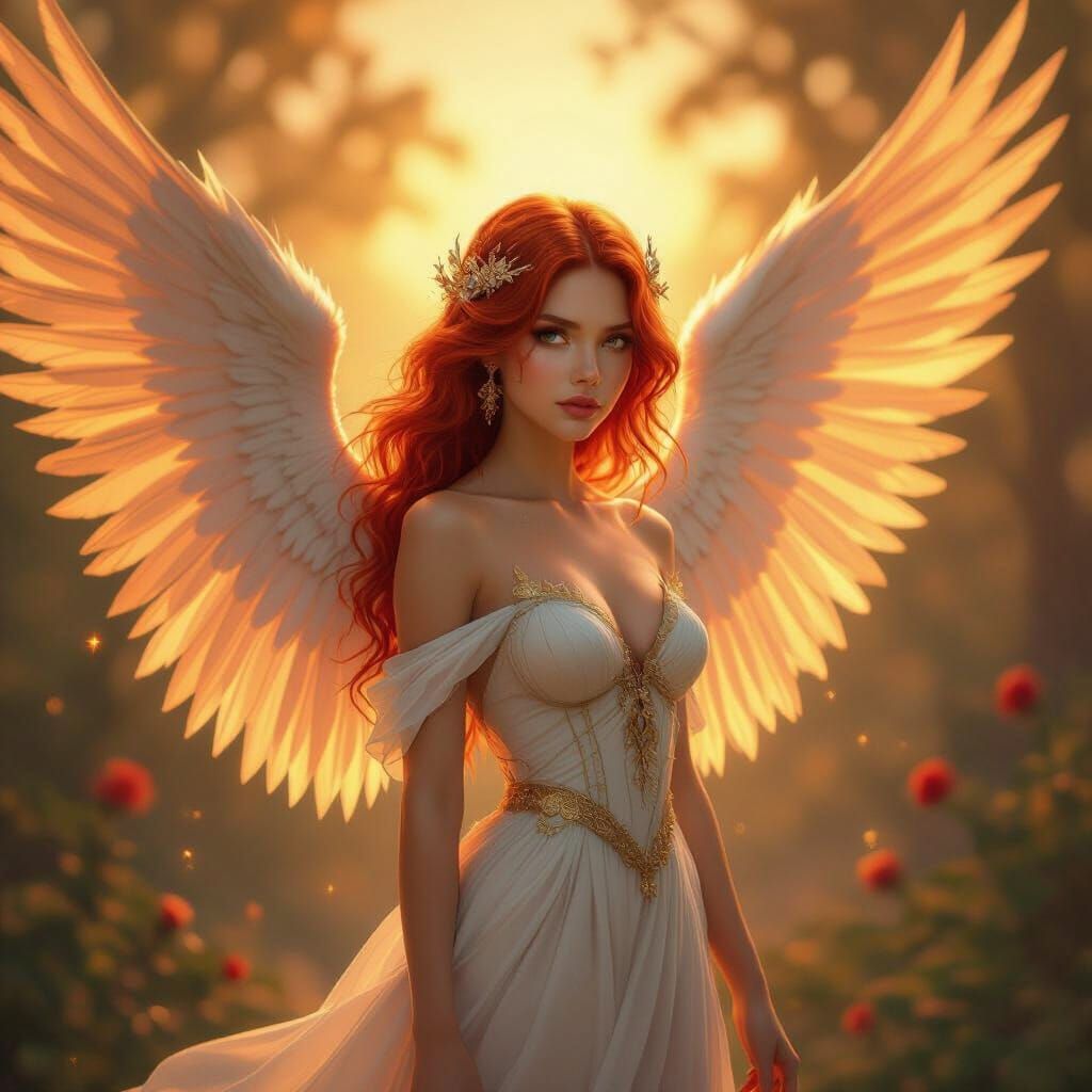 Divine Girl with Golden Wings and Red Hair in Golden Hour Li...