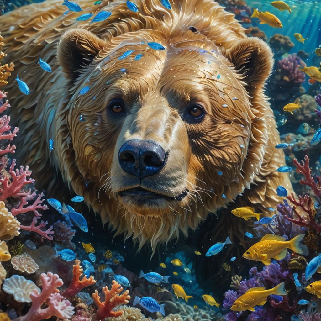 Golden Bear Swimming Underwater in Coral Reef
