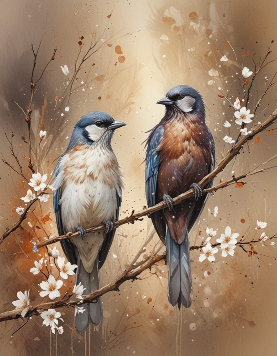 Painterly Realism Bird on Branch with White Blooms